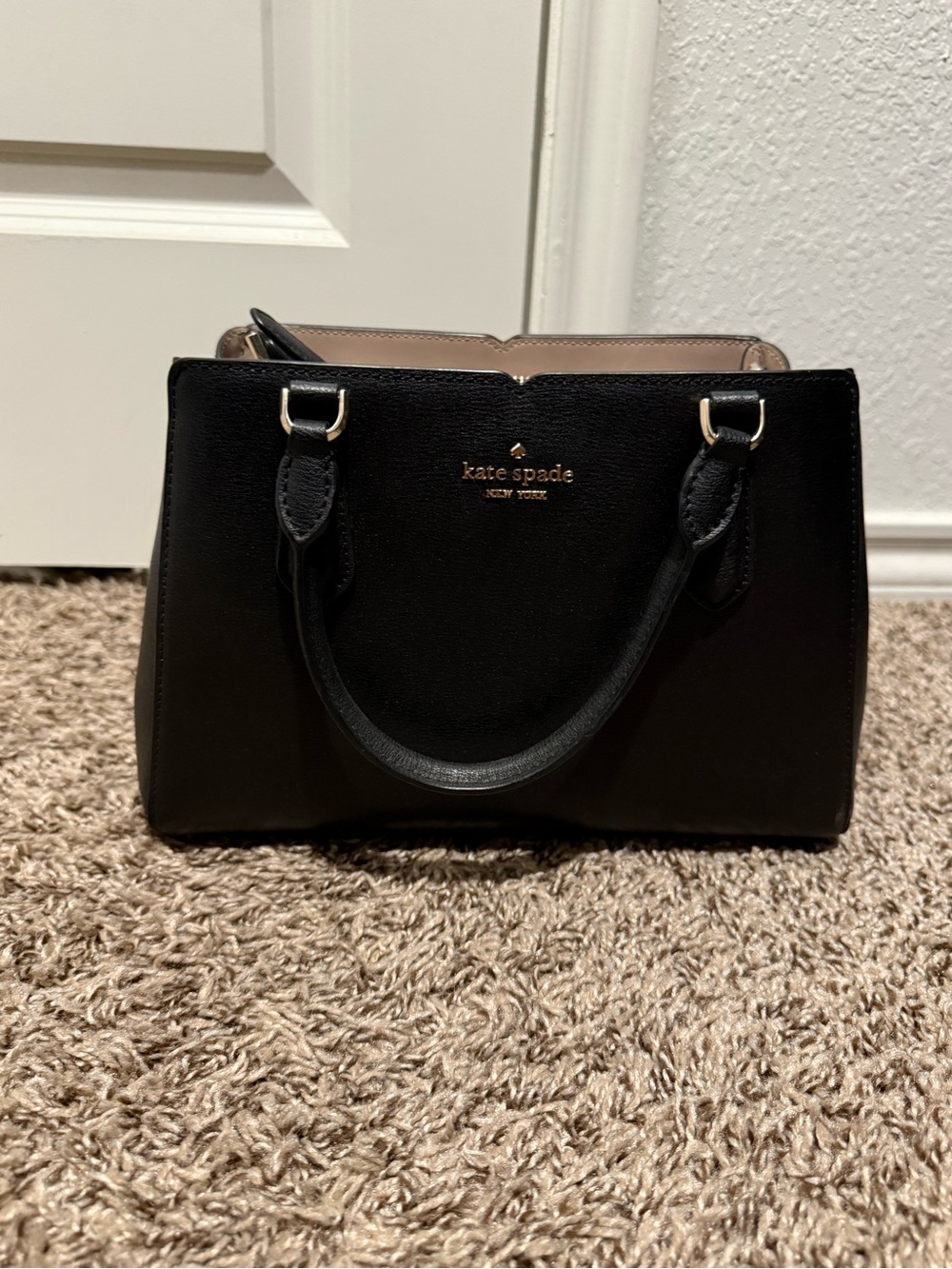 kate spade black leather structured satchel with gold logo